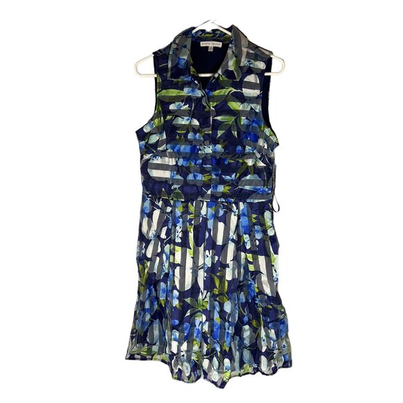 Sandra Darren Womens Floral Sleeveless Shirt Dress W/ Pockets Size 14 Blue Green - Picture 6 of 8